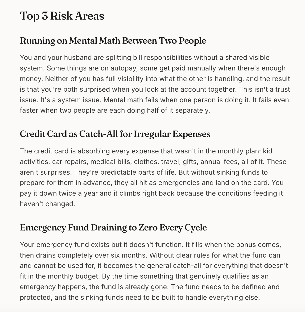 Top 3 Risk Areas section of a real Money Assessment report