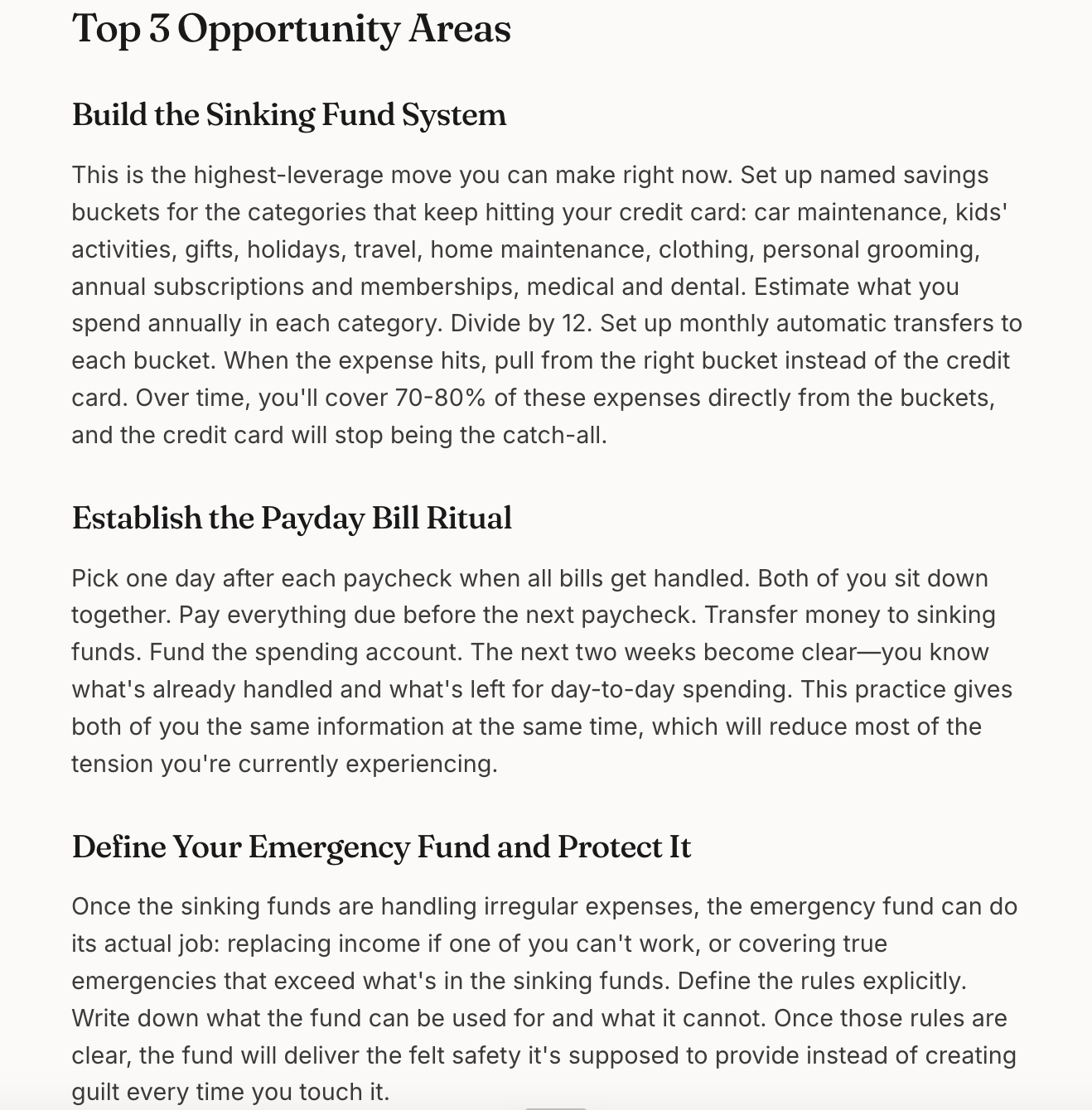 Top 3 Opportunity Areas section of a real Money Assessment report