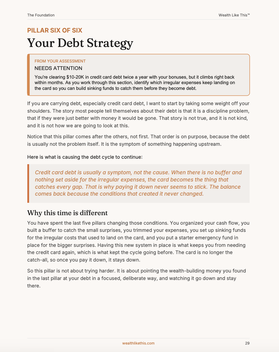 The Foundation workbook, Your Debt Strategy page with a FROM YOUR ASSESSMENT note pulled from the reader's own report